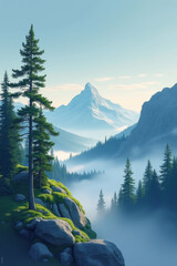 Poster - Environmental awareness day. Majestic mountains enveloped in mist with towering trees.