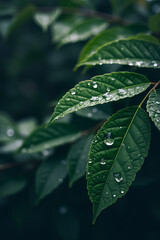 Poster - Environmental awareness day. Close-up of green leaves with water droplets on a dark background.