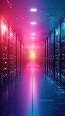 Poster - Colorful server room corridor with glowing lights and technology