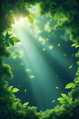 Poster - Environmental awareness day. Lush foliage with rays of light creating a serene atmosphere.