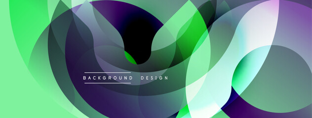 Poster - Abstract shapes overlap, creating vibrant gradients. Green, purple, white hues blend seamlessly. Modern design evokes fluidity, dynamism.