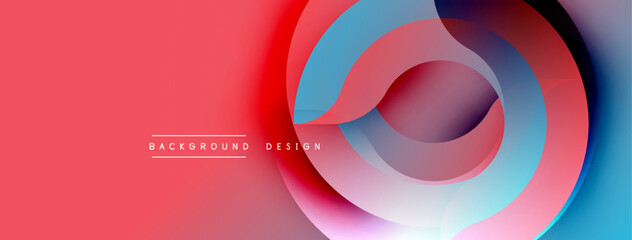 Poster - Abstract design. Red background features overlapping layers. Blue, purple, white shapes create dynamic visual effect. Modern, vibrant composition.