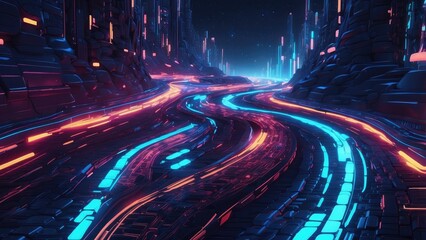 A futuristic, curving digital road composed of glowing blue binary code on a dark background