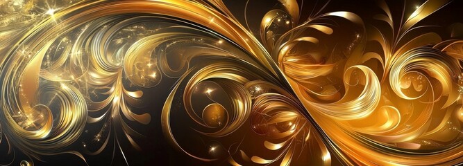 Poster - against a black background, luxury gold swirls and waves are juxtaposed with shiny golden sparkling 