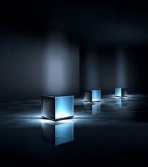 Poster - An abstract tech-style background is formed by a mosaic of many metallic blue cubes stacked on top of each other, as seen from a perspective view, conveying the idea of infinity
