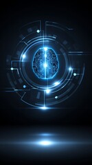 Poster - A blue digital brain logo is surrounded by a rotating ring of AI icons, set against an abstract background that features scattered AI icons, an AI chatbot, and machine learning technology