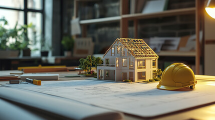 Poster - detailed floor plan with scale house model and yellow hard hat on desk