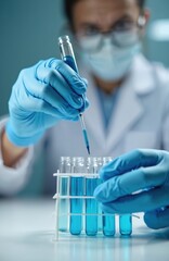 Poster - Scientist in lab coat, gloves works with test tubes, micropipette. Researcher adds blue liquid to vials. Medical research, experiment in lab. Biotechnology, pharmacy, science, healthcare concept.