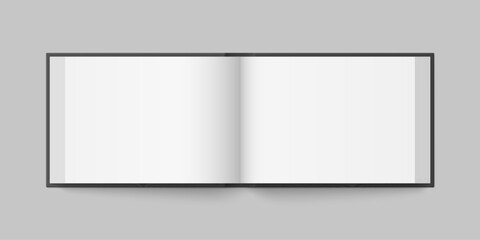 Poster - Vector mockup of hardcover horizontal book spread with black cover isolated. Realistic book, brochure or booklet template opened on white background. 3d illustration.