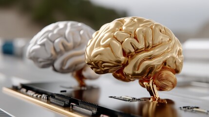 Poster - A glowing human brain with a processor symbolizes the evolution of data technology through the fusion of human intelligence and machine learning capabilities, representing the concept of big data and