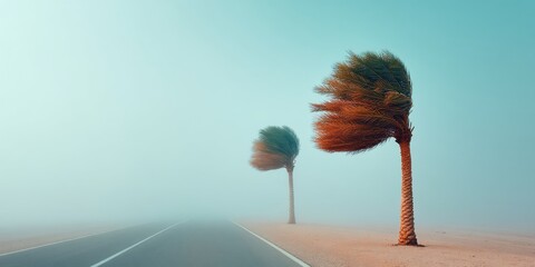 Poster - Climate Crisis Visualization Surreal Palm Trees Bending in Extreme Weather - Powerful Environmental Storytelling for Climate Change Awareness Campaigns