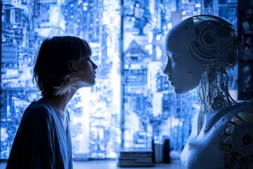 Poster - A woman who is a cyborg, distinguished by her white hair and blue eyes, created through 3D rendering and AI generative techniques