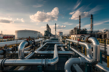 Poster - Industrial pipes and tanks connecting in a petrochemical plant at sunset