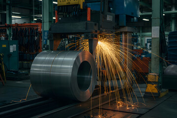 Aufkleber - Industrial machine cutting steel roll with bright sparks in factory