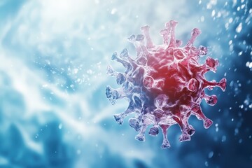 Poster - Virus structure in a microscopic view with a blue medical background showcasing cells and particles