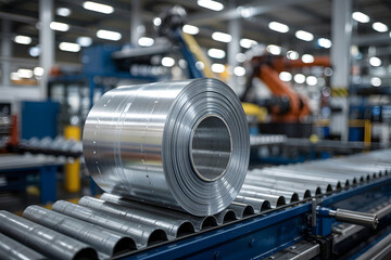 Aufkleber - Roll of sheet metal moving on a conveyor belt in a factory