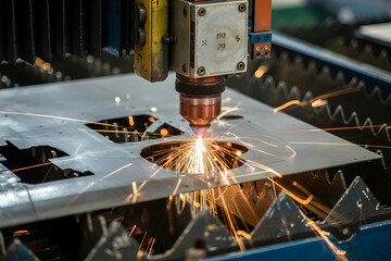 Aufkleber - Laser cutting machine making holes in metal sheet with sparks flying