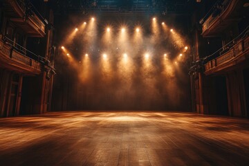 Aufkleber - Bright stage lights illuminating empty theater stage with wooden floor