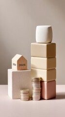 Poster - Minimalist Financial Forecast Neutral-Toned 2024-2025 Investment Strategy Visualization with Geometric Blocks and Economic Growth Symbolism