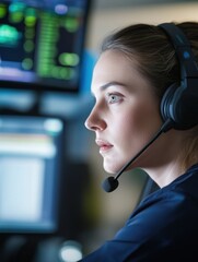 Aufkleber - AI-Enabled Emergency Response Female Crisis Management Professional in High-Tech Command Center - Cyber-Resilient Public Safety Coordination