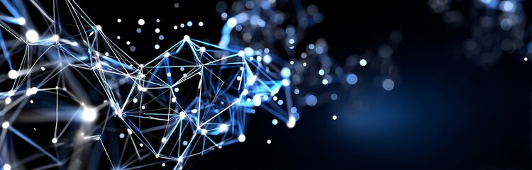 Poster - A digital network background is created by an abstract 3D illustration of interconnected dots and lines, conveying the concept of science and technology