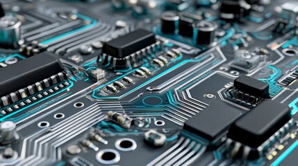 Poster - the technology behind microchip production is demonstrated through a background of semiconductors, f