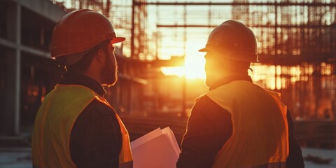 Poster - Golden Hour Industrial Collaboration Next-Gen Construction Professionals Bridging Safety, Innovation, and Urban Development Through Strategic Teamwork