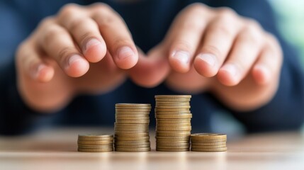 Poster - Progressive Financial Growth Minimalist Wealth Building Strategy with Stacked Coins and Intentional Hands - Empowering Millennial Career Milestone Visualization