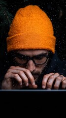 Aufkleber - Cybersecurity Aesthetics Millennial Tech Professional in Vibrant Orange Beanie Performing Intense Digital Work Under Nocturnal Atmospheric Conditions