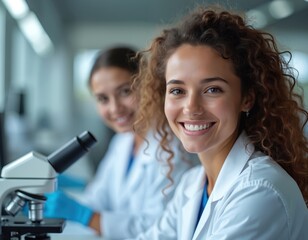 Poster - Two young medical students in lab coats smile while working with microscope. Healthcare professionals are studying, researching with enthusiasm. Science technology, biology, medicine concept.