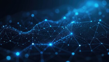 Fototapete - Abstract network grid illustration with connected dots and lines against a blue background. Represents data flow, communication tech, cyberspace structure, AI and future tech.