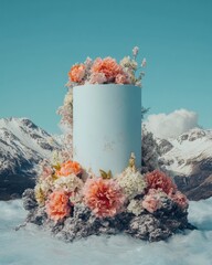 Poster - Ethereal Alpine Bloom Minimalist Pastel Podium Showcasing Organic Beauty in Surreal Mountain Landscape - Elevated Visual Storytelling for Luxury Wellness Branding