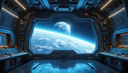 Aufkleber - Spaceship interior with Earth view. Futuristic sci-fi illustration. Room with glowing blue lights, window shows planet, galaxy. Exploration, space travel, technology, science.