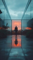 Poster - liminal horizon silhouetted professional navigating transformative corporate transition - immersive 