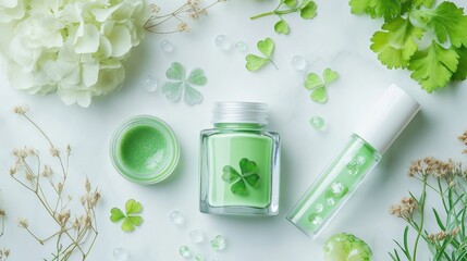 Aufkleber - Ethereal Green Beauty Botanical Nail Art Flat Lay with Clover Motifs - Sustainable Wellness Aesthetic for Digital Content Creators
