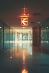 Poster - Minimalist Safety Aesthetics Illuminated Emergency Exit Signage in Sleek Architectural Corridor - Innovative Workplace Design and Compliance Visualization