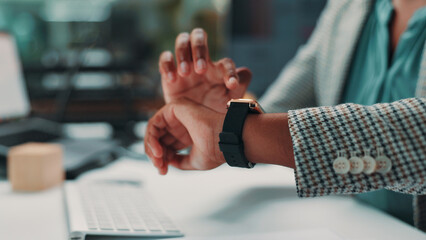 Aufkleber - Checking, time and person with watch, office and overtime for employee with deadline, night and hands. Business, workaholic and accountant with tech for schedule, planning or working late for project