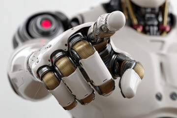Poster - A 3D rendering of a white cyborg robotic hand extending its finger is isolated on a free PNG background