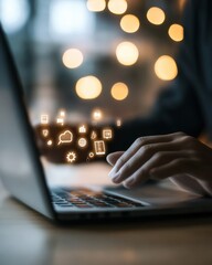 Fototapete - Minimalist Digital Workspace Holographic UI Icons and Soft Bokeh - Next-Gen Professional Connectivity and Immersive Technological Innovation for Modern Workflow Optimization