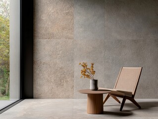 Poster - Minimalist Nordic Sanctuary Large-Format Stone Tile Flooring Showcasing Serene Indoor-Outdoor Living with Sculptural Furniture Design