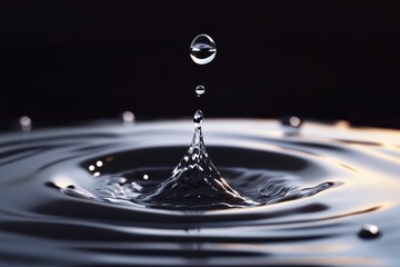 Poster - Water droplet creates ripples in a reflective surface during soft lighting conditions