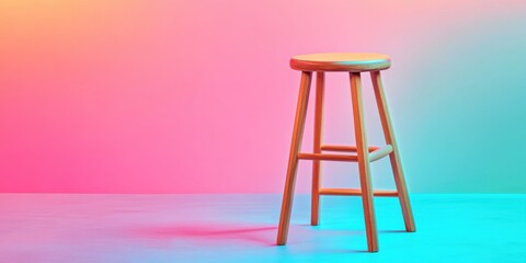 Fototapete - Retro Chromatic Minimalism Vibrant Wooden Stool in Gradient Dreamscape - Contemporary Design Asset for Creative Branding and Digital Marketing
