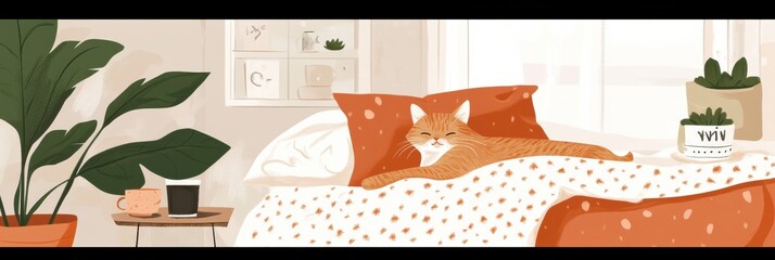 Poster - Cozy moments with tea and a sleepy cat wrapped in a knitted blanket in a warm, inviting living space