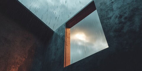 Aufkleber - Brutalist Climate Resilience Minimalist Metal Window Frame Revealing Atmospheric Disruption - Architectural Storytelling for Adaptive Urban Design and Emotional Landscape