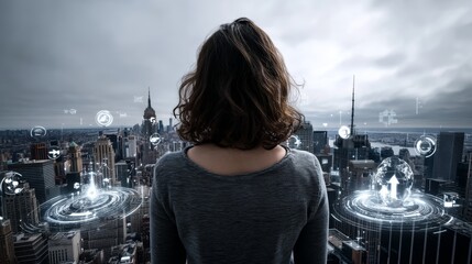 Poster - A woman is examining a massive high-tech poster, which is a stock image