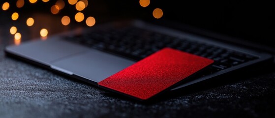 Aufkleber - Minimalist Fintech Revolution Sleek Red Credit Card on Dark Laptop Keyboard - Next-Gen Digital Payment Security and Immersive Financial Technology Visualization