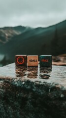 Aufkleber - Mindful Ambition Unveiled Rustic Wooden Goal Blocks Against Misty Mountain Landscape - Transformative Personal Development and Strategic Vision Narrative