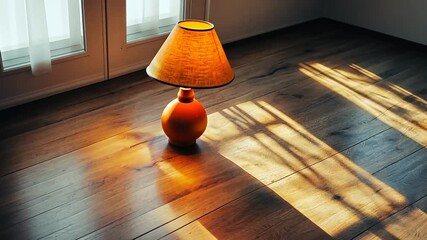 Poster - Orange Table Lamp on Wooden Floor with Sunlight Shadows