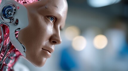 Poster - A stock computer head with a futuristic design and glowing lines and data is depicted in side profile