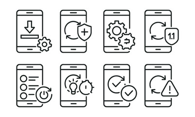 Mobile app update icons set: download, sync, security, gear, checkmark, alert